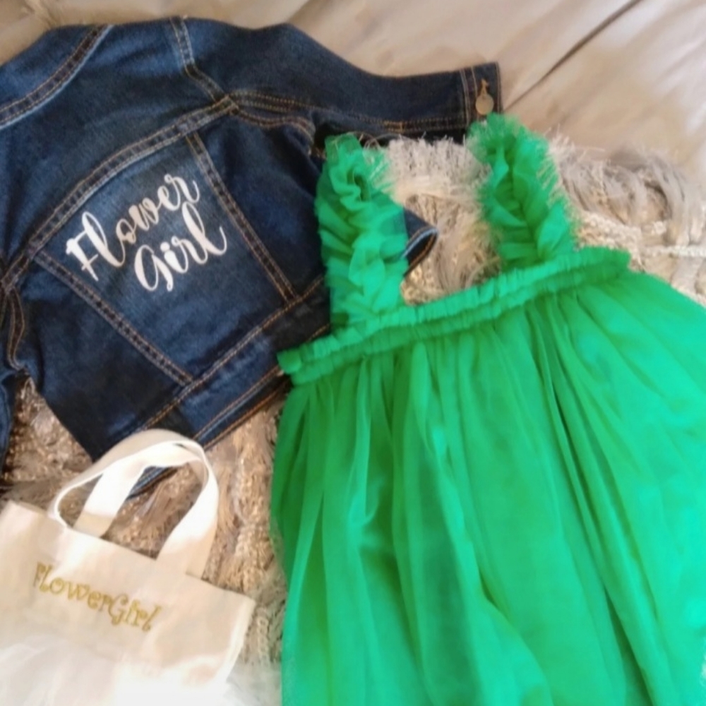 Baby Girl Flower Girl True Spring Green Tulle Tutu Dress and Custom Denim Jacket